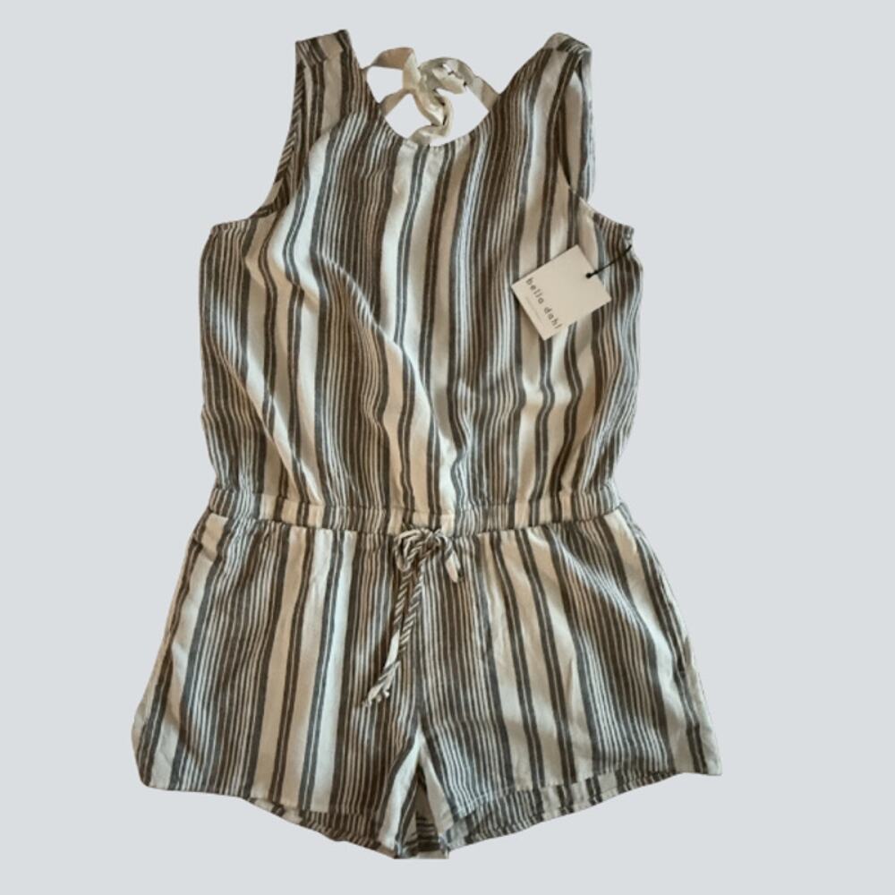 NWT Bella Dahl Striped Linen Blend Cross Back Tie Romper Size Medium